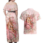 Personalised Breast Cancer Awareness Couples Matching Off Shoulder Maxi Dress and Hawaiian Shirt Mother Kangaroo And Ribbon Hope