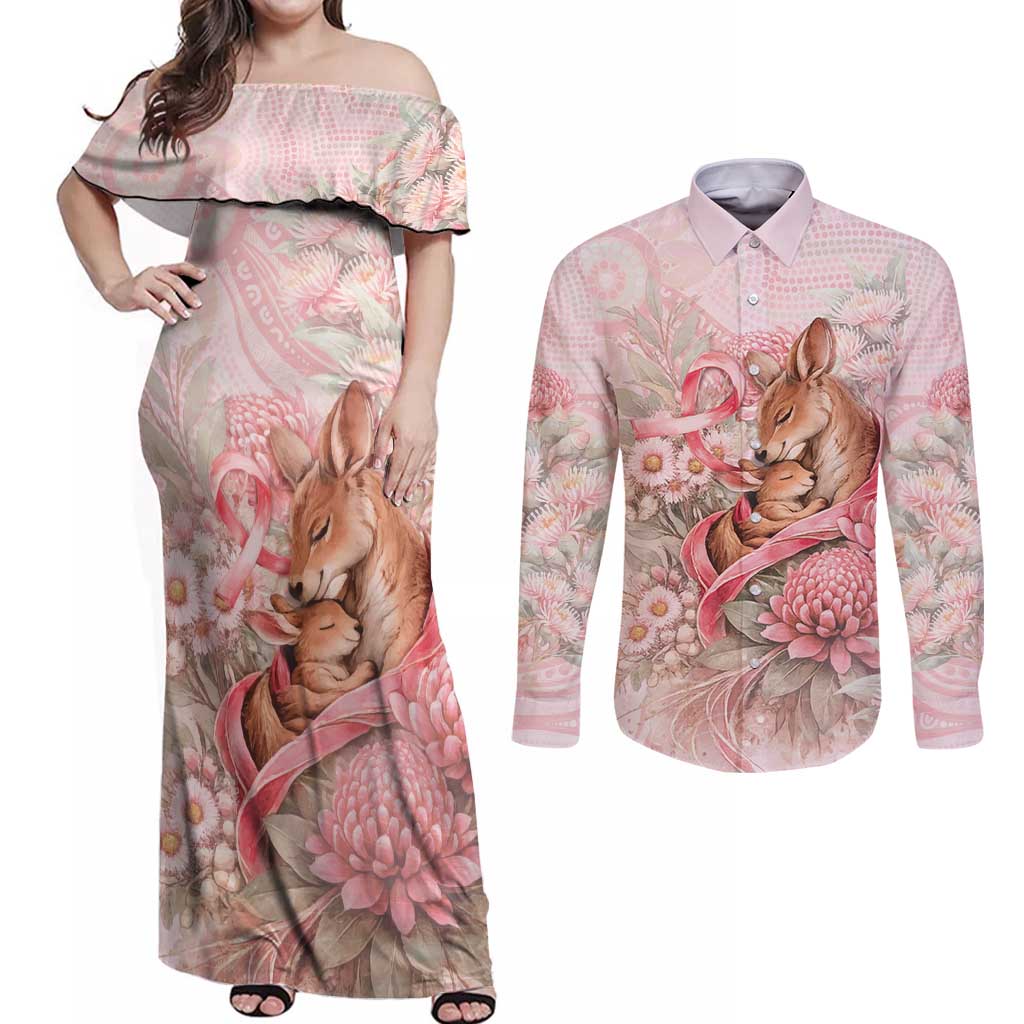 Personalised Breast Cancer Awareness Couples Matching Off Shoulder Maxi Dress and Long Sleeve Button Shirt Mother Kangaroo And Ribbon Hope