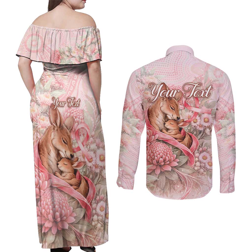 Personalised Breast Cancer Awareness Couples Matching Off Shoulder Maxi Dress and Long Sleeve Button Shirt Mother Kangaroo And Ribbon Hope