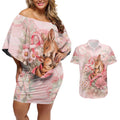Personalised Breast Cancer Awareness Couples Matching Off Shoulder Short Dress and Hawaiian Shirt Mother Kangaroo And Ribbon Hope