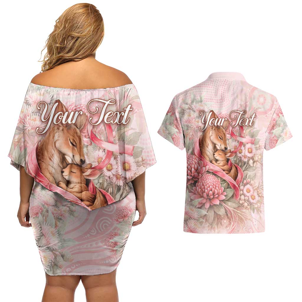 Personalised Breast Cancer Awareness Couples Matching Off Shoulder Short Dress and Hawaiian Shirt Mother Kangaroo And Ribbon Hope