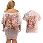 Personalised Breast Cancer Awareness Couples Matching Off Shoulder Short Dress and Hawaiian Shirt Mother Kangaroo And Ribbon Hope