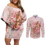 Personalised Breast Cancer Awareness Couples Matching Off Shoulder Short Dress and Long Sleeve Button Shirt Mother Kangaroo And Ribbon Hope
