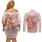 Personalised Breast Cancer Awareness Couples Matching Off Shoulder Short Dress and Long Sleeve Button Shirt Mother Kangaroo And Ribbon Hope