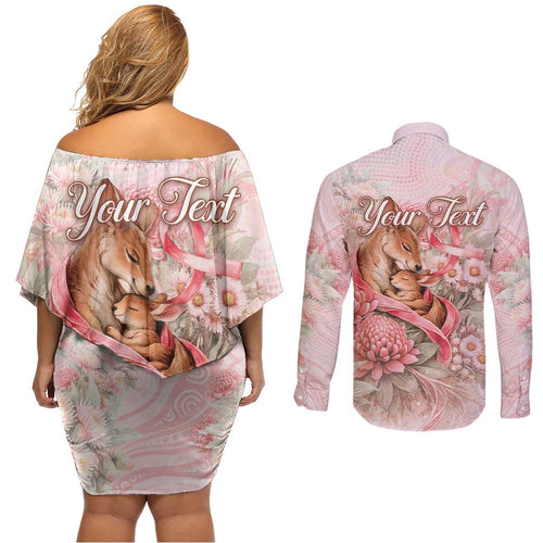 Personalised Breast Cancer Awareness Couples Matching Off Shoulder Short Dress and Long Sleeve Button Shirt Mother Kangaroo And Ribbon Hope