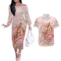 Personalised Breast Cancer Awareness Couples Matching Off The Shoulder Long Sleeve Dress and Hawaiian Shirt Mother Kangaroo And Ribbon Hope