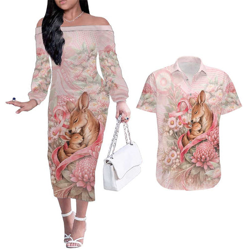 Personalised Breast Cancer Awareness Couples Matching Off The Shoulder Long Sleeve Dress and Hawaiian Shirt Mother Kangaroo And Ribbon Hope