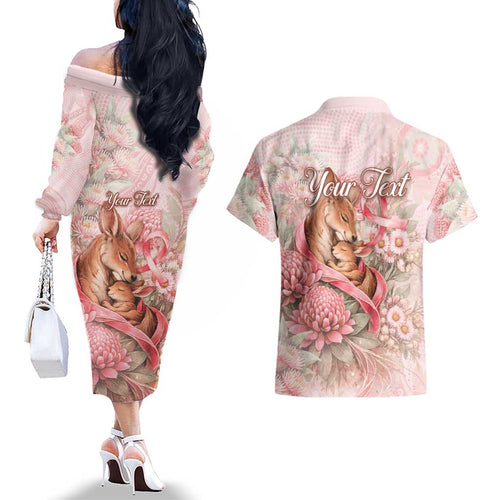 Personalised Breast Cancer Awareness Couples Matching Off The Shoulder Long Sleeve Dress and Hawaiian Shirt Mother Kangaroo And Ribbon Hope