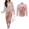 Personalised Breast Cancer Awareness Couples Matching Off The Shoulder Long Sleeve Dress and Long Sleeve Button Shirt Mother Kangaroo And Ribbon Hope