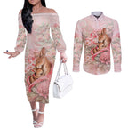 Personalised Breast Cancer Awareness Couples Matching Off The Shoulder Long Sleeve Dress and Long Sleeve Button Shirt Mother Kangaroo And Ribbon Hope