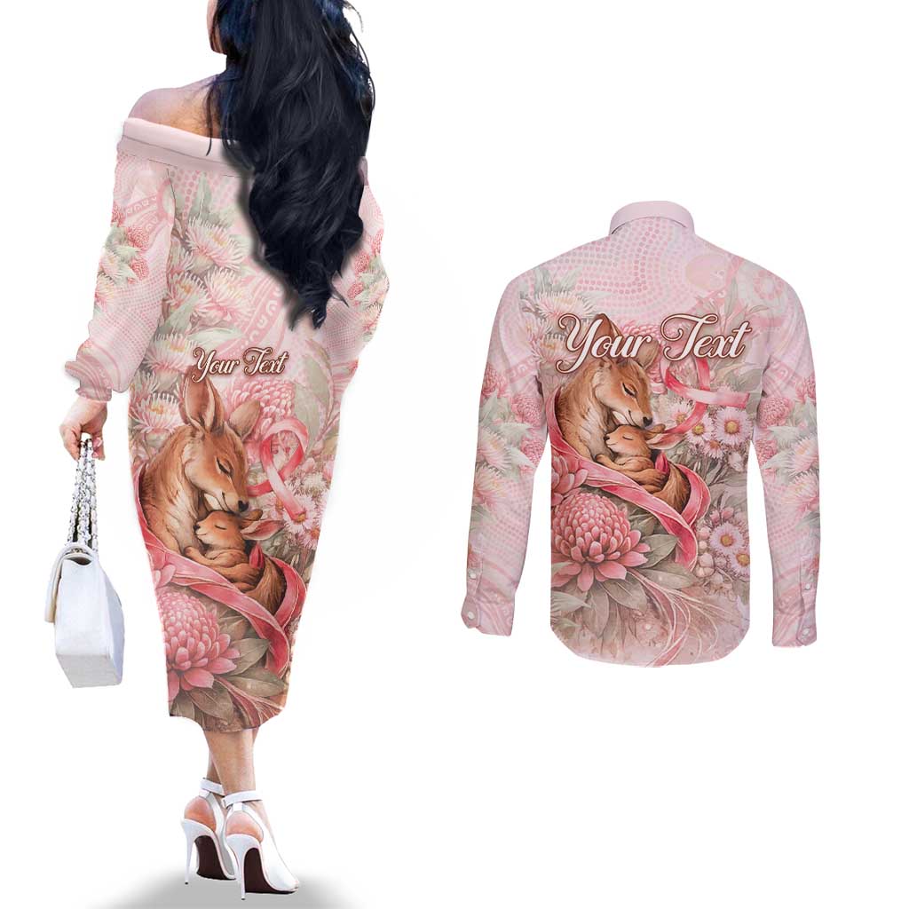 Personalised Breast Cancer Awareness Couples Matching Off The Shoulder Long Sleeve Dress and Long Sleeve Button Shirt Mother Kangaroo And Ribbon Hope