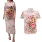 Personalised Breast Cancer Awareness Couples Matching Puletasi and Hawaiian Shirt Mother Kangaroo And Ribbon Hope