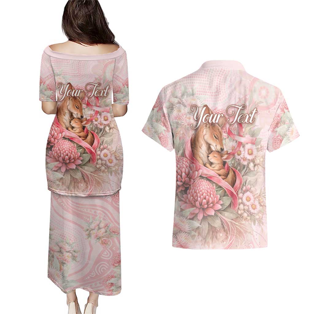 Personalised Breast Cancer Awareness Couples Matching Puletasi and Hawaiian Shirt Mother Kangaroo And Ribbon Hope