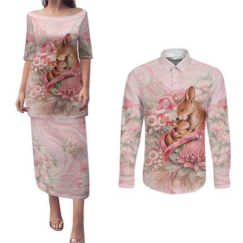 Personalised Breast Cancer Awareness Couples Matching Puletasi and Long Sleeve Button Shirt Mother Kangaroo And Ribbon Hope