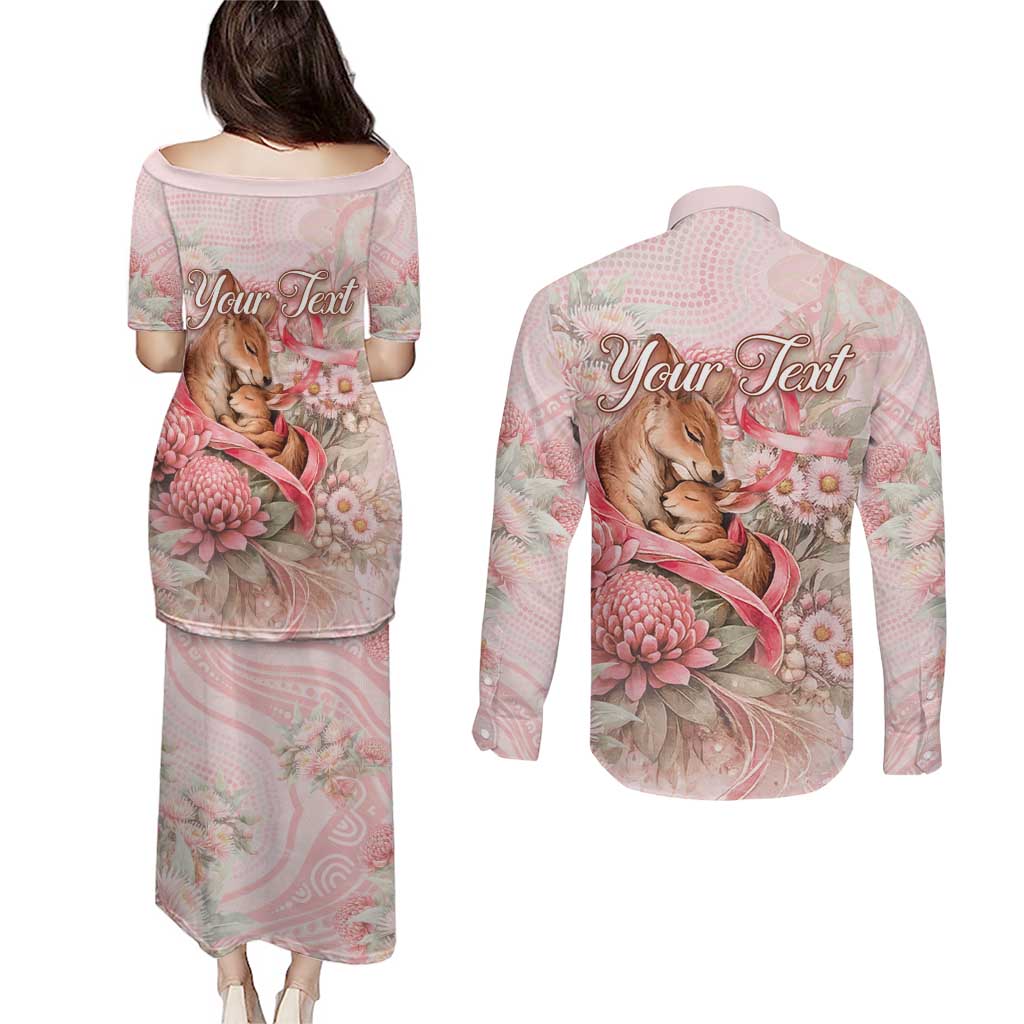 Personalised Breast Cancer Awareness Couples Matching Puletasi and Long Sleeve Button Shirt Mother Kangaroo And Ribbon Hope