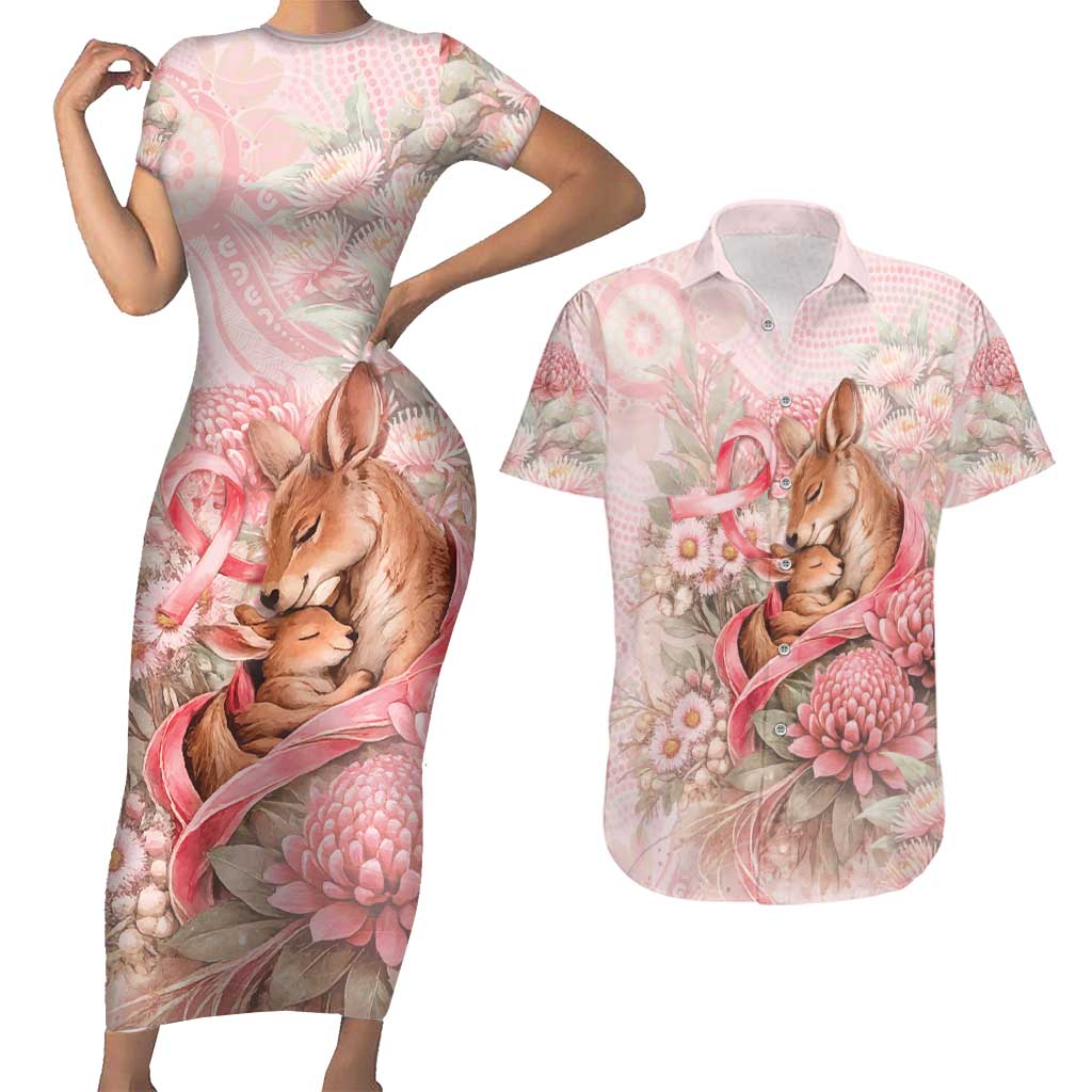 Personalised Breast Cancer Awareness Couples Matching Short Sleeve Bodycon Dress and Hawaiian Shirt Mother Kangaroo And Ribbon Hope