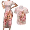 Personalised Breast Cancer Awareness Couples Matching Short Sleeve Bodycon Dress and Hawaiian Shirt Mother Kangaroo And Ribbon Hope
