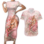 Personalised Breast Cancer Awareness Couples Matching Short Sleeve Bodycon Dress and Hawaiian Shirt Mother Kangaroo And Ribbon Hope