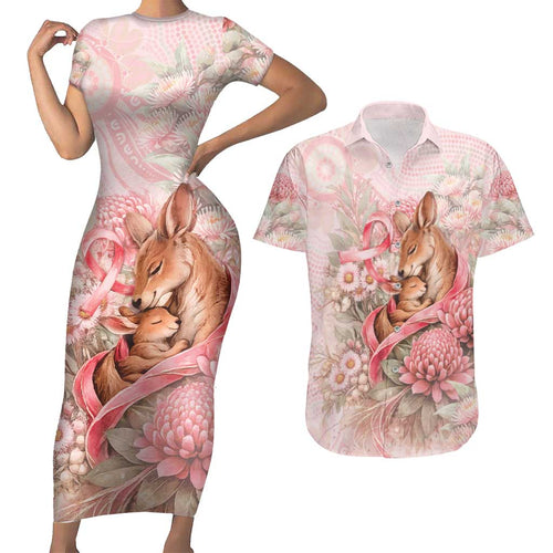Personalised Breast Cancer Awareness Couples Matching Short Sleeve Bodycon Dress and Hawaiian Shirt Mother Kangaroo And Ribbon Hope