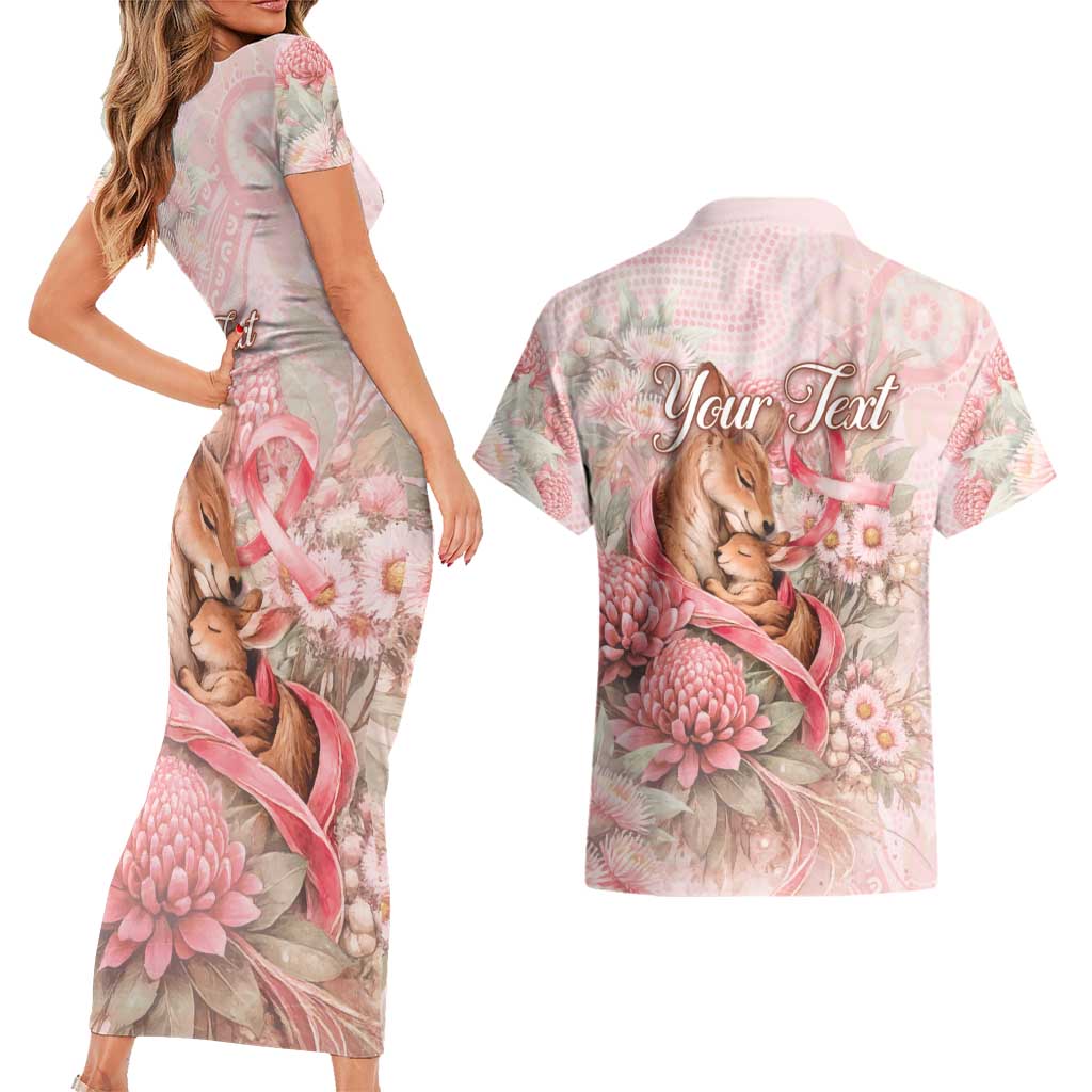 Personalised Breast Cancer Awareness Couples Matching Short Sleeve Bodycon Dress and Hawaiian Shirt Mother Kangaroo And Ribbon Hope