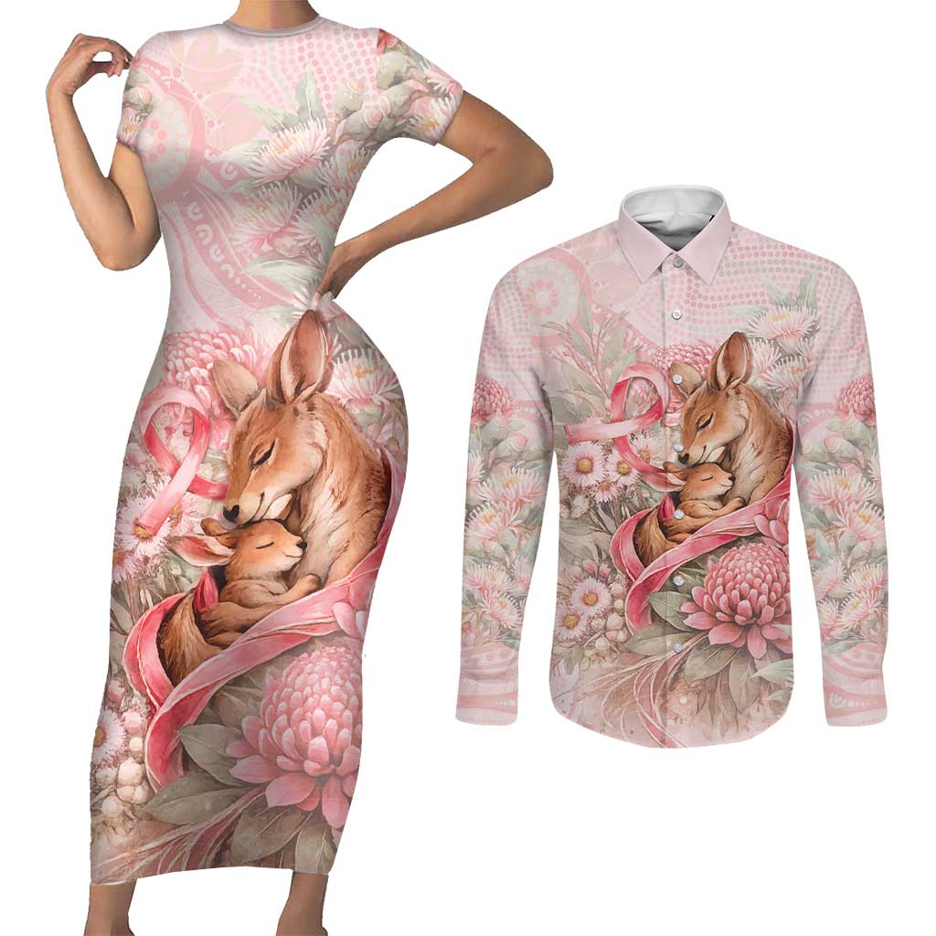 Personalised Breast Cancer Awareness Couples Matching Short Sleeve Bodycon Dress and Long Sleeve Button Shirt Mother Kangaroo And Ribbon Hope