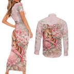 Personalised Breast Cancer Awareness Couples Matching Short Sleeve Bodycon Dress and Long Sleeve Button Shirt Mother Kangaroo And Ribbon Hope