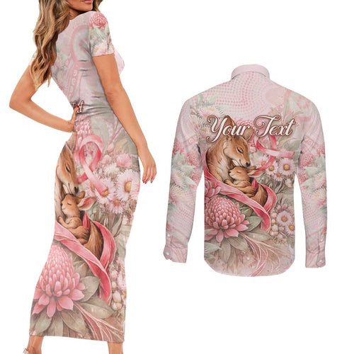 Personalised Breast Cancer Awareness Couples Matching Short Sleeve Bodycon Dress and Long Sleeve Button Shirt Mother Kangaroo And Ribbon Hope