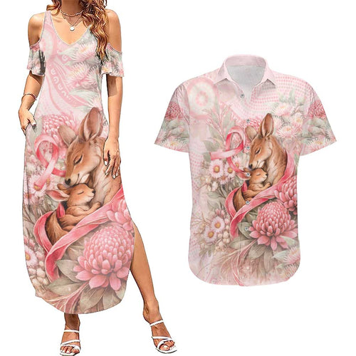 Personalised Breast Cancer Awareness Couples Matching Summer Maxi Dress and Hawaiian Shirt Mother Kangaroo And Ribbon Hope