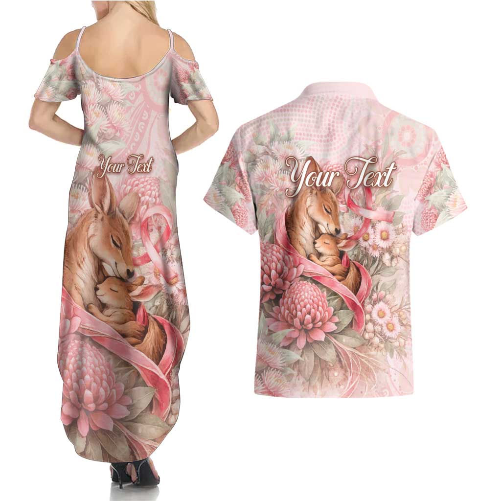 Personalised Breast Cancer Awareness Couples Matching Summer Maxi Dress and Hawaiian Shirt Mother Kangaroo And Ribbon Hope