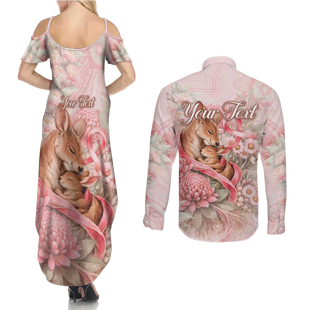 Personalised Breast Cancer Awareness Couples Matching Summer Maxi Dress and Long Sleeve Button Shirt Mother Kangaroo And Ribbon Hope