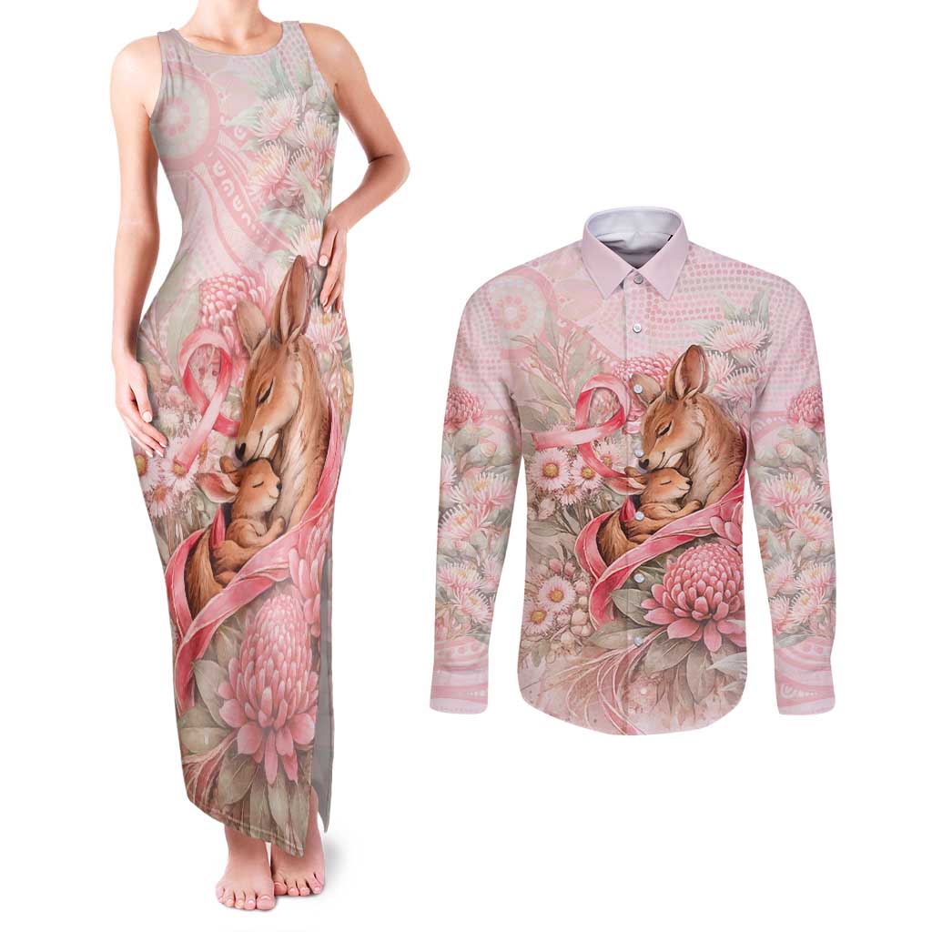 Personalised Breast Cancer Awareness Couples Matching Tank Maxi Dress and Long Sleeve Button Shirt Mother Kangaroo And Ribbon Hope