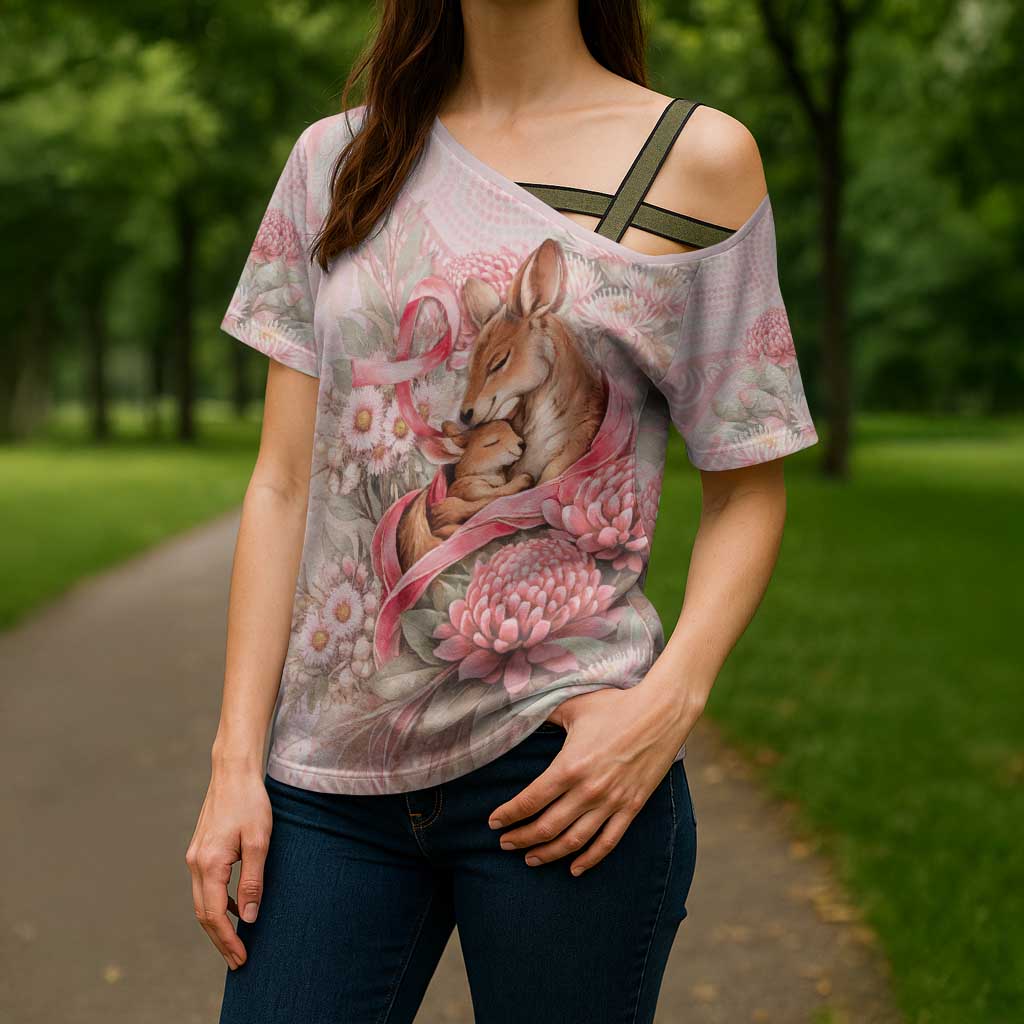 Personalised Breast Cancer Awareness Cross Shoulder Shirt Mother Kangaroo And Ribbon Hope
