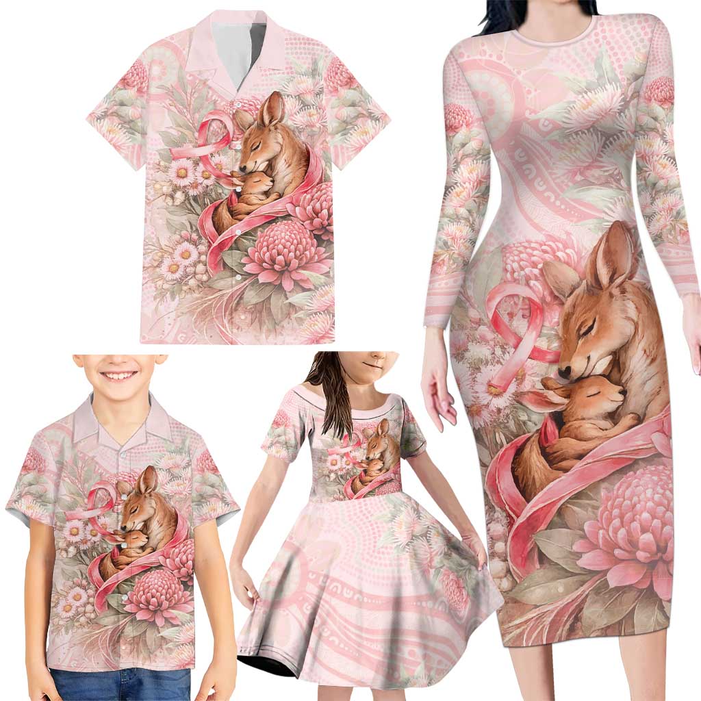 Personalised Breast Cancer Awareness Family Matching Long Sleeve Bodycon Dress and Hawaiian Shirt Mother Kangaroo And Ribbon Hope