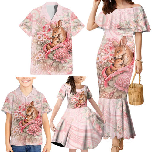 Personalised Breast Cancer Awareness Family Matching Mermaid Dress and Hawaiian Shirt Mother Kangaroo And Ribbon Hope
