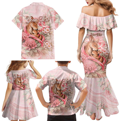 Personalised Breast Cancer Awareness Family Matching Mermaid Dress and Hawaiian Shirt Mother Kangaroo And Ribbon Hope