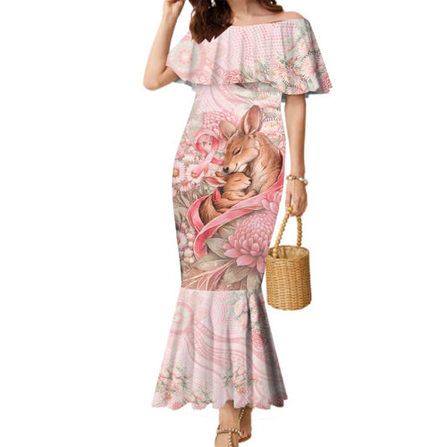 Personalised Breast Cancer Awareness Family Matching Mermaid Dress and Hawaiian Shirt Mother Kangaroo And Ribbon Hope