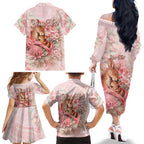 Personalised Breast Cancer Awareness Family Matching Off The Shoulder Long Sleeve Dress and Hawaiian Shirt Mother Kangaroo And Ribbon Hope