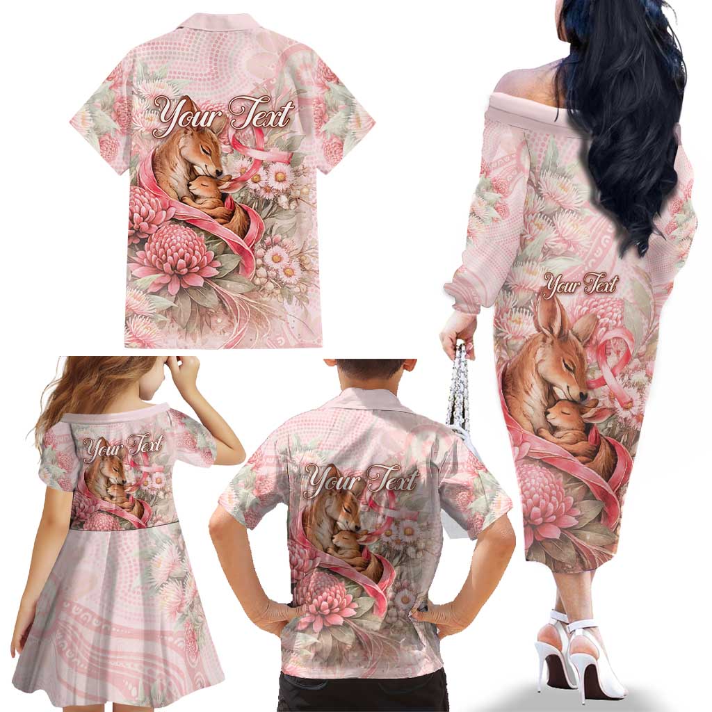 Personalised Breast Cancer Awareness Family Matching Off The Shoulder Long Sleeve Dress and Hawaiian Shirt Mother Kangaroo And Ribbon Hope