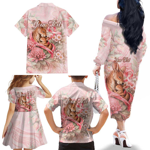 Personalised Breast Cancer Awareness Family Matching Off The Shoulder Long Sleeve Dress and Hawaiian Shirt Mother Kangaroo And Ribbon Hope