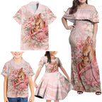 Personalised Breast Cancer Awareness Family Matching Off Shoulder Maxi Dress and Hawaiian Shirt Mother Kangaroo And Ribbon Hope