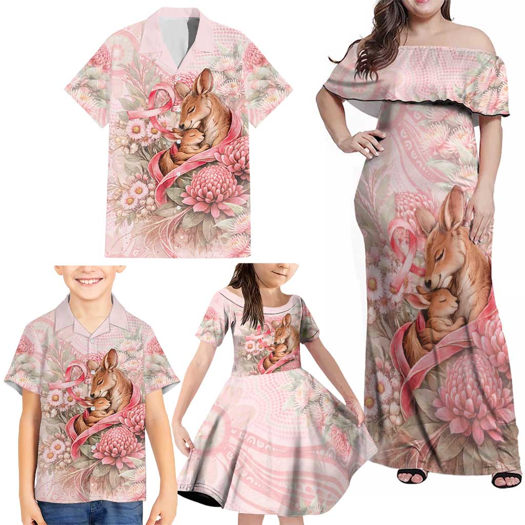 Personalised Breast Cancer Awareness Family Matching Off Shoulder Maxi Dress and Hawaiian Shirt Mother Kangaroo And Ribbon Hope
