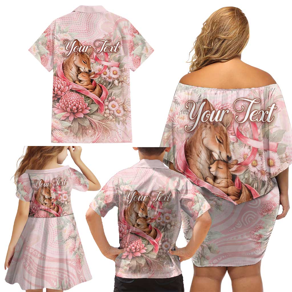 Personalised Breast Cancer Awareness Family Matching Off Shoulder Short Dress and Hawaiian Shirt Mother Kangaroo And Ribbon Hope