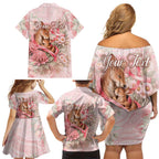 Personalised Breast Cancer Awareness Family Matching Off Shoulder Short Dress and Hawaiian Shirt Mother Kangaroo And Ribbon Hope