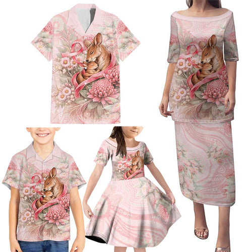 Personalised Breast Cancer Awareness Family Matching Puletasi and Hawaiian Shirt Mother Kangaroo And Ribbon Hope