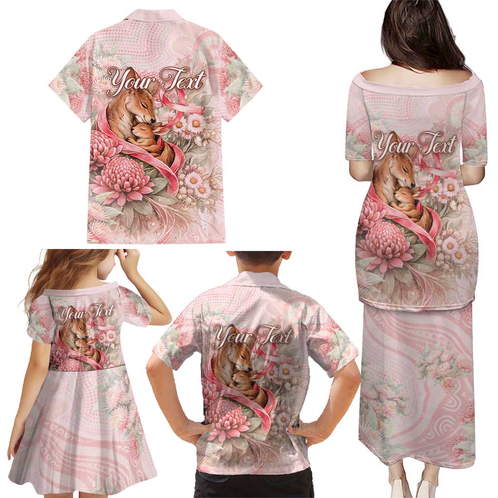 Personalised Breast Cancer Awareness Family Matching Puletasi and Hawaiian Shirt Mother Kangaroo And Ribbon Hope