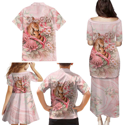 Personalised Breast Cancer Awareness Family Matching Puletasi and Hawaiian Shirt Mother Kangaroo And Ribbon Hope