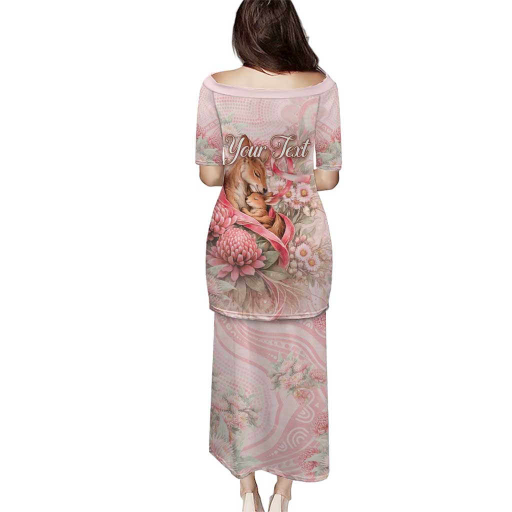 Personalised Breast Cancer Awareness Family Matching Puletasi and Hawaiian Shirt Mother Kangaroo And Ribbon Hope