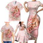 Personalised Breast Cancer Awareness Family Matching Short Sleeve Bodycon Dress and Hawaiian Shirt Mother Kangaroo And Ribbon Hope