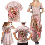 Personalised Breast Cancer Awareness Family Matching Summer Maxi Dress and Hawaiian Shirt Mother Kangaroo And Ribbon Hope