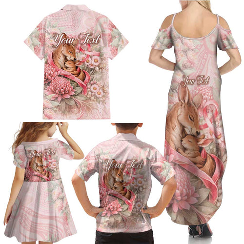 Personalised Breast Cancer Awareness Family Matching Summer Maxi Dress and Hawaiian Shirt Mother Kangaroo And Ribbon Hope